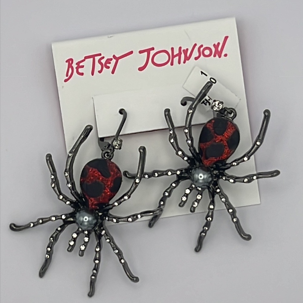 Betsey Johnson Halloween Spooky Spider Dangle Earrings Red Black Silver